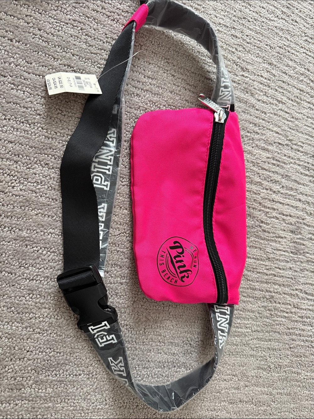 PINK Victoria's Secret Hot Pink Logo Belt Bag with Black Strap